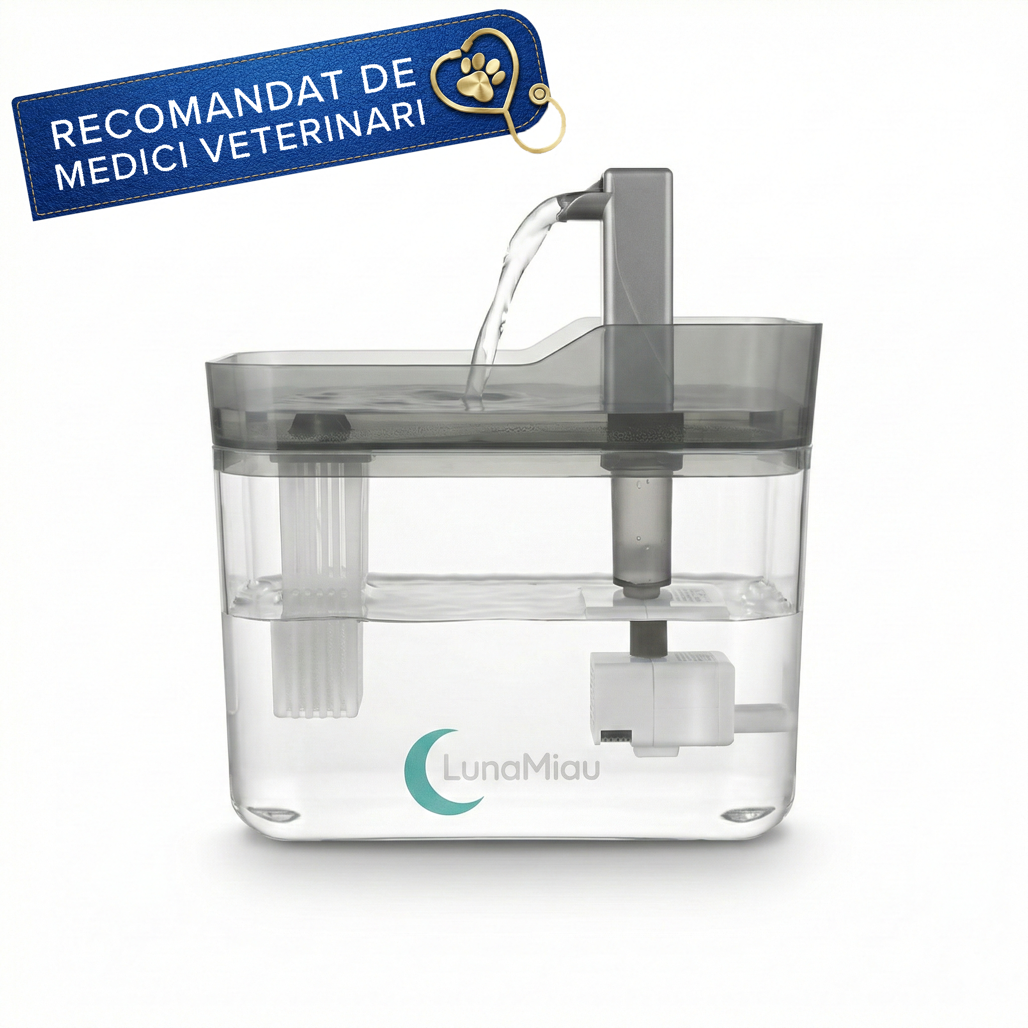 Fantana de apa LunaMiau, transparentă, filtrare apa, 1.5L